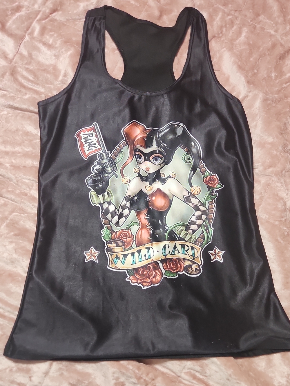 Black Women's Swim Tank with Harley-Inspired Wild Card Graphic